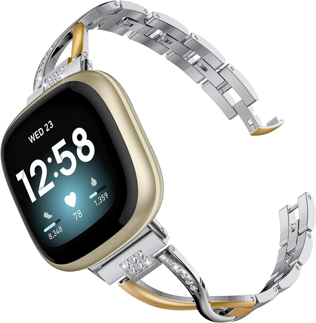 Wearlizer Metal Band Compatible with Fitbit Versa 4/Versa 3/Sense/Sense 2 Bands for Women, Dressy Stainless Steel Bling Rhinestone Link Bracelet Wristband Replacement Strap (Soft Gold/Silver)