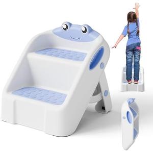Toddler Step Stool, Easy to Fold Step Stools for Toddlers with Non-Slip Surface & Alphabet Patterns, Lightweight & Cute Kids Step Stool for Potty Training, Bathroom Sink, and Bedroom, Blue