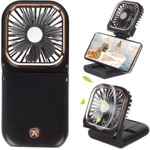 Portable Mini Fan - 5 in 1 with Power Bank, Phone Holder, Handheld & Desk Fan - USB Rechargeable, 3000 mAh Power Bank, 3 Speed Adjustable, Neck Lanyard - Black