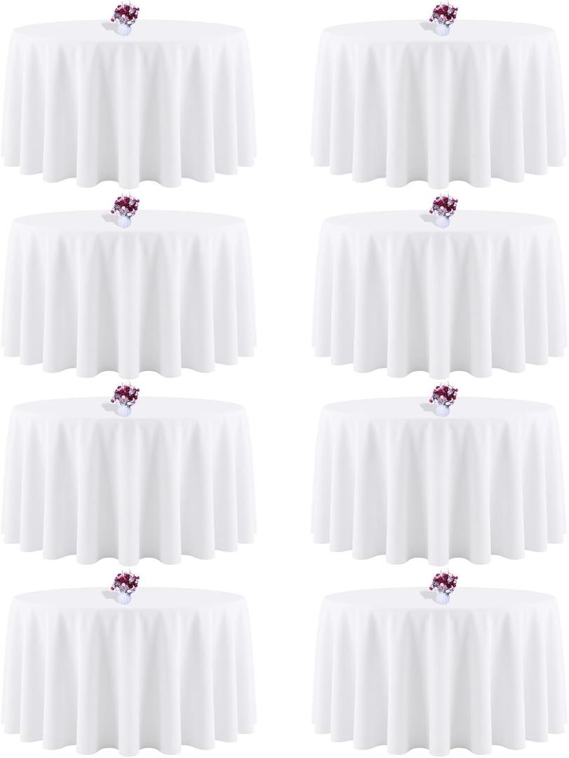 8 Packs 90 Inch White Round Tablecloth in Diameter, Washable Polyester Fabric Tablecloths, Wrinkle Resistant Table Cloth for Wedding Party Banquet Dining