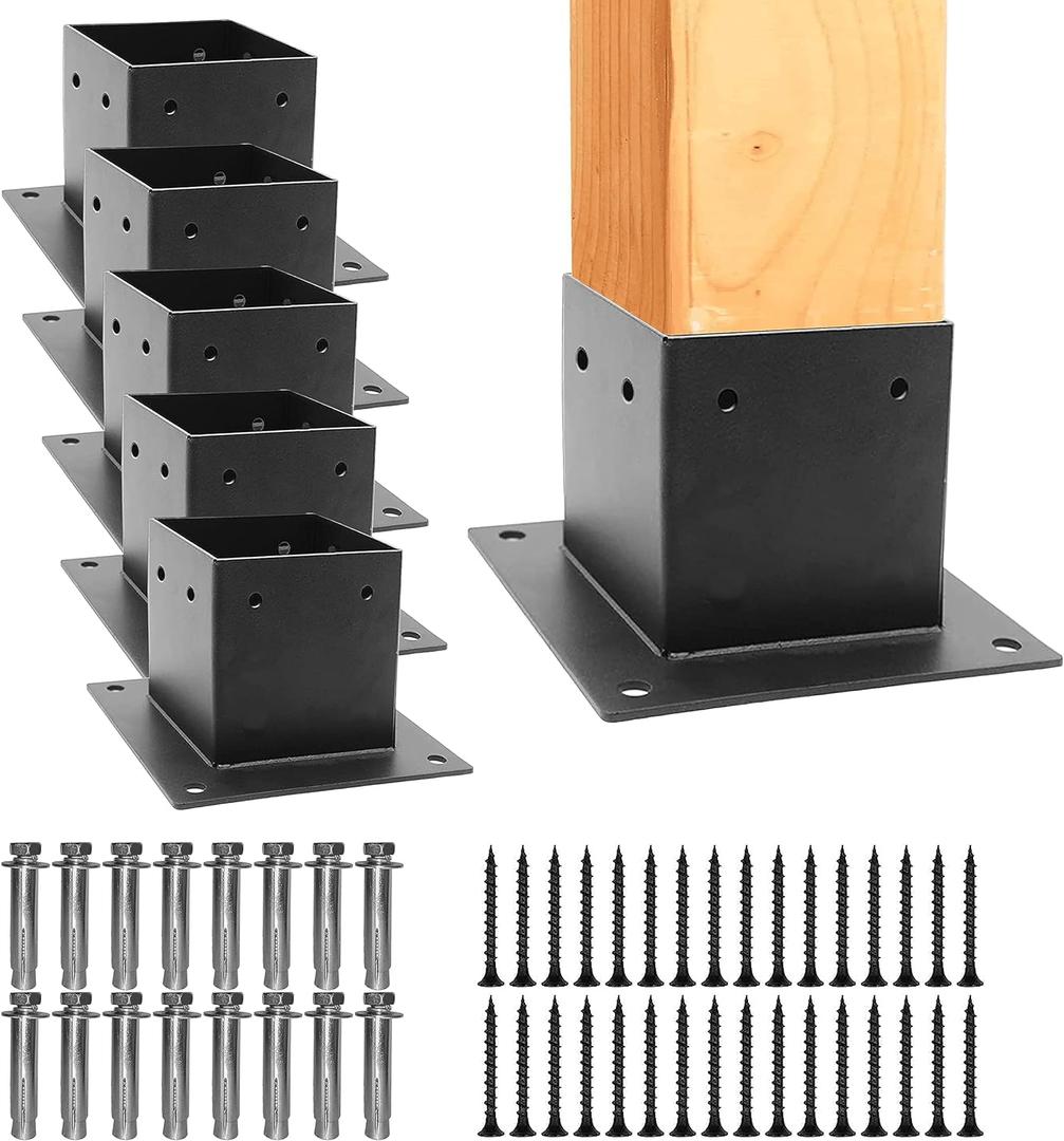 6 PCS Metal 44 Post Base Post Base Brackets,Inner Size 3.5"x3.5" Heavy Duty Powder-Coated Post Anchor Matte Black Wood Post Brackets (Black 6pcs)