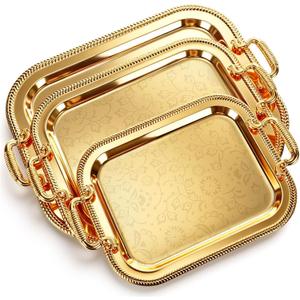 3 Pack Metal Serving Trays with Handles, Decorative Floral Platter Trays for Coffee Tea, Food, Dessert, Jewelry, for Buffet Wedding Party Kitchen Home Decor(Lovely,Silver, Gold)
