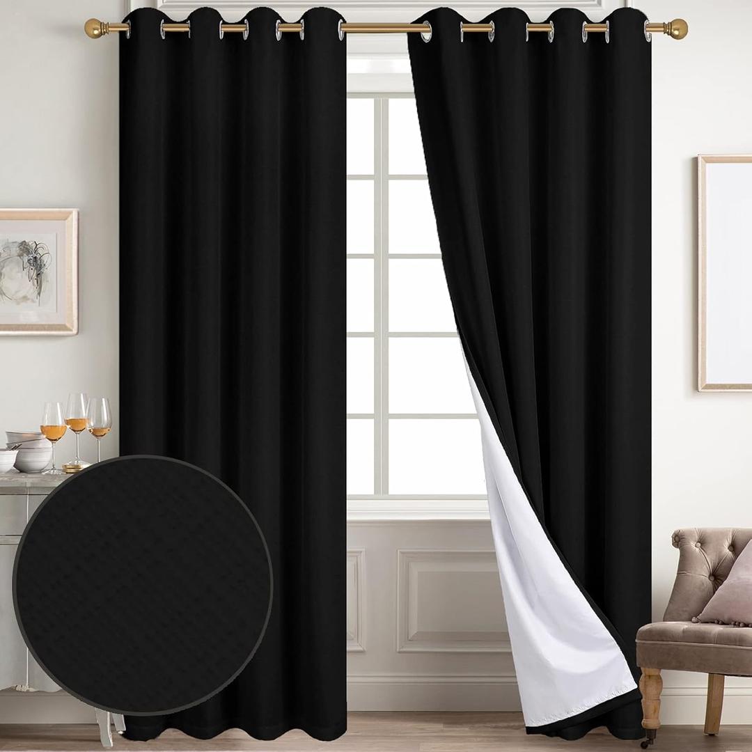 Diraysid 100% Blackout Curtains Black Linen Curtains for Bedroom Grommet Thermal Insulated Room Darkening Drapes (2 Panels, W52 x L84 Inch)