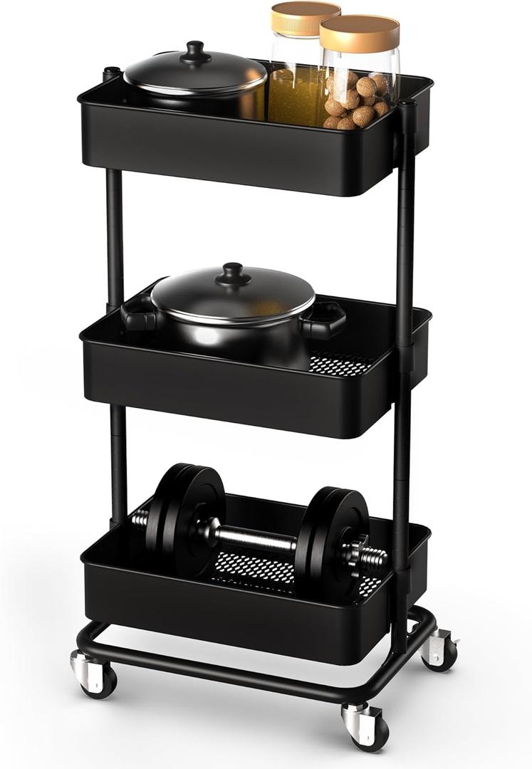 No Wobble Design  3-Tier Metal Rolling Cart with Wheels, Adjustable Height, and Tool-Free Assembly for Home, Kitchen, and Bathroom (17.7212.4035.04 inch, Black)
