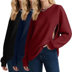 Oakgarden 3 Pack Women's Oversized Nursing Tops, Waffle Knit Breastfeeding Zipper Sweatshirt Long Sleeve Maternity Shirts (X-Large, Wine Red, Navy Blue, Black)