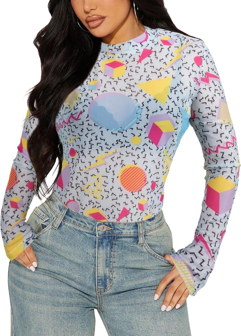 80s 90s Mesh Long Sleeve Shirt Women 90s 80s Themed Party Outfits Retro Sexy Neon Disco See Through Mock Neck Tops (M)