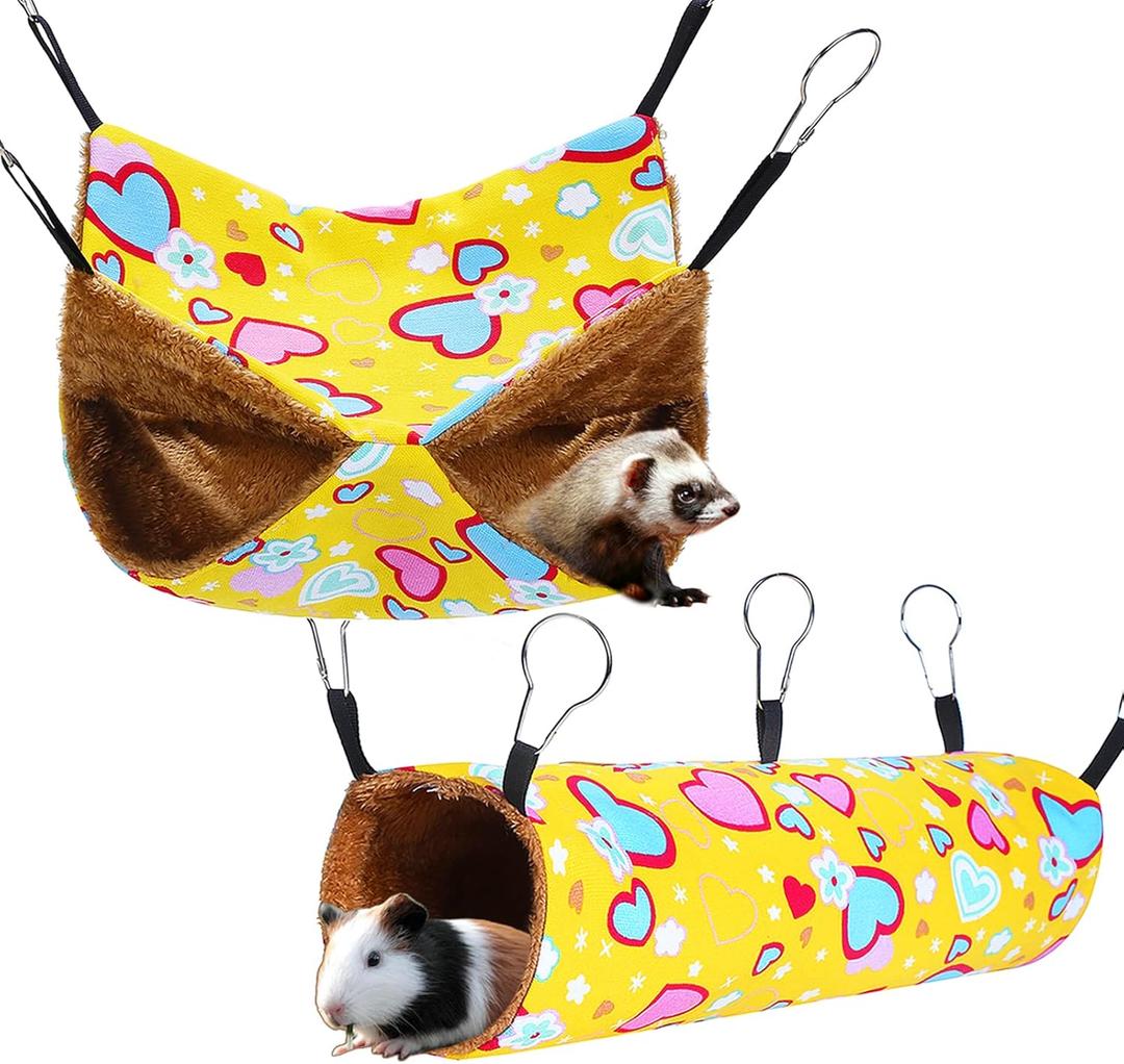petonfun Ferret Rat Hammock Guinea Pig Hideout Toys Large Soft Small Animal Bed Sugar Glider Chinchilla Squirrel Hammock Set for Cage Accessories Pet House Hamster Hang Tunnel and Tube,2 Pack,Yellow