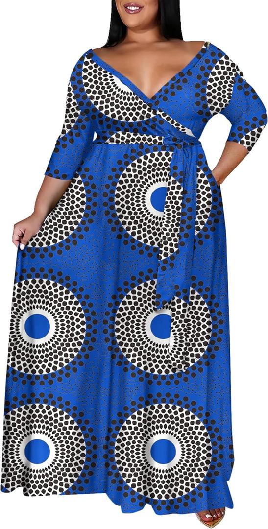 Runwind Plus Size Maxi Dresses for Curvy Women, 3/4 Sleeve V Neck Long Printed Dress with Belt Casual Dress with Pockets (Blue, XXL)