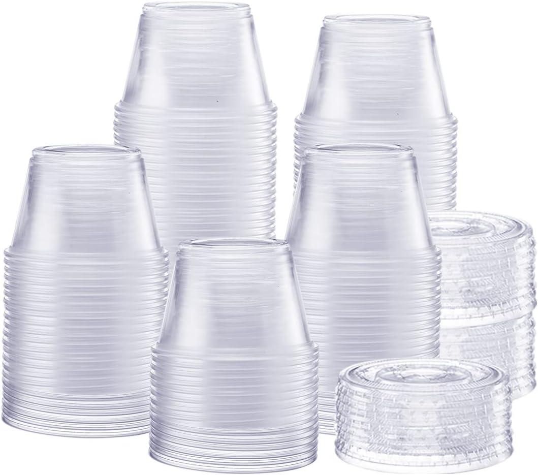 GUSTO 4 oz Jello Shot Cups with Lids [200 Count] Clear Plastic Portion Containers, Condiment Cups for Sauces, Dressings & Samples  Durable, Stackable, Leak-Resistant (Formerly Comfy Package)