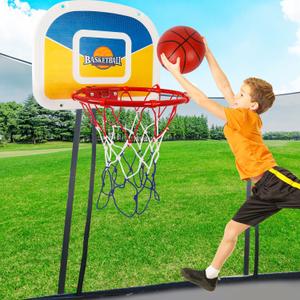 Trampoline Parts Trampoline Basketball Hoop, Teenager Basketball Hoop for Trampoline with Pump and 2 Mini Ball, Fit for Straight Pole (Blue Yellow 17inch)