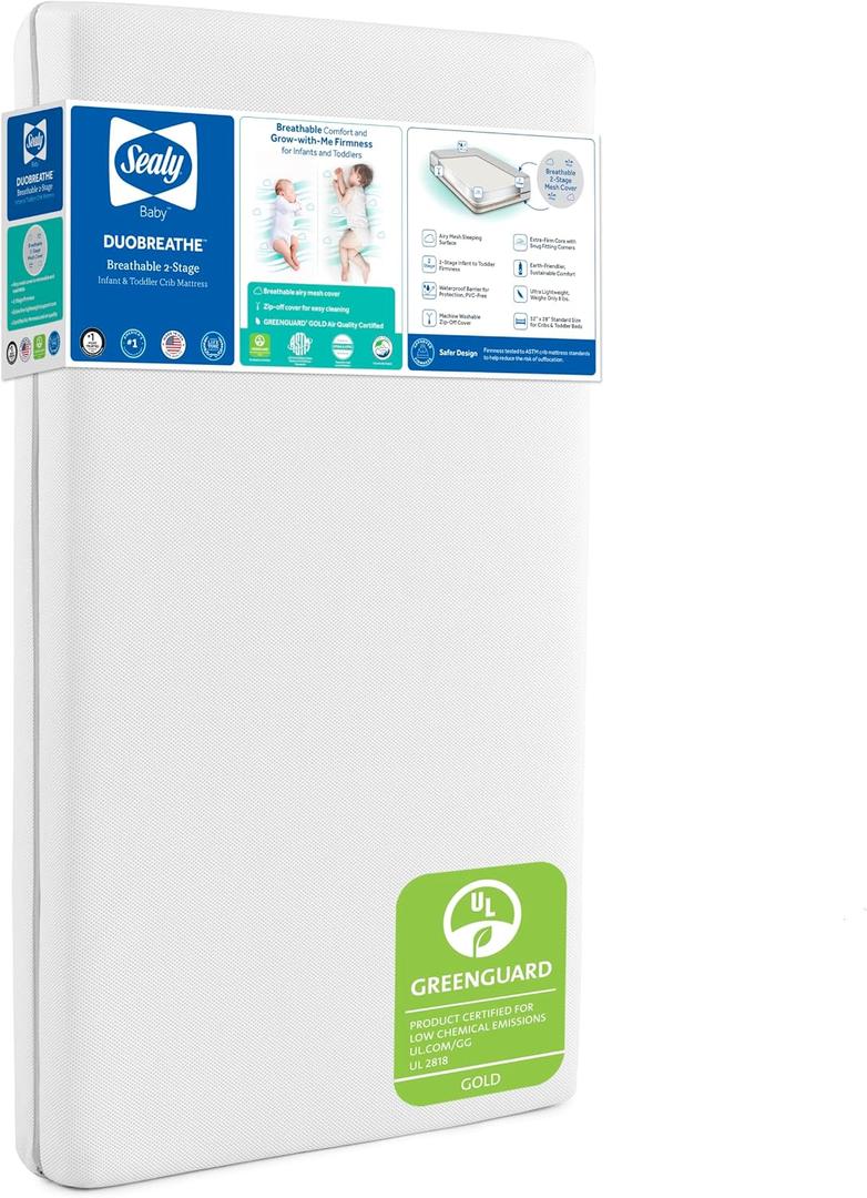 Sealy Baby DuoBreathe 2 Stage Breathable Crib Mattress, GREENGUARD Gold Certified, Made in USA, Waterproof, Premium Dual Firmness and Hypoallergenic, Toddler Bed Fit, 52x28