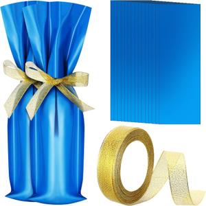 Yeaqee 50 Pcs Christmas Wine Bottle Gift Bags with Gold Bow Ribbons Metallic Wine Bags Gift Wrap for Holiday Party Favor, 18 x 6 Inch(Blue)