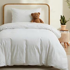 LOVQUE 100% Washed Cotton Duvet Cover Twin Size, Linen-Like Textured White Fade-Resistant Natural Bedding Set (No Comforter), 68x90 Inches