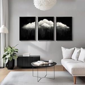 Large Framed Dark Moody Wall Art for Living Room, 3 Piece Academia Goth Canvas Prints Artwork for Walls, Black and White Rainy Cloud Surreal Pictures for Bedroom Wall Decor - Total Size 30x60 Inch