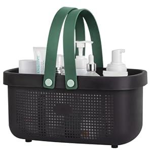 JiatuA Plastic Storage Basket with Handle Portable Shower Caddy Tote Organizer Basket Bin for Bathroom Kitchen Dorm Room Bedroom, Black Green