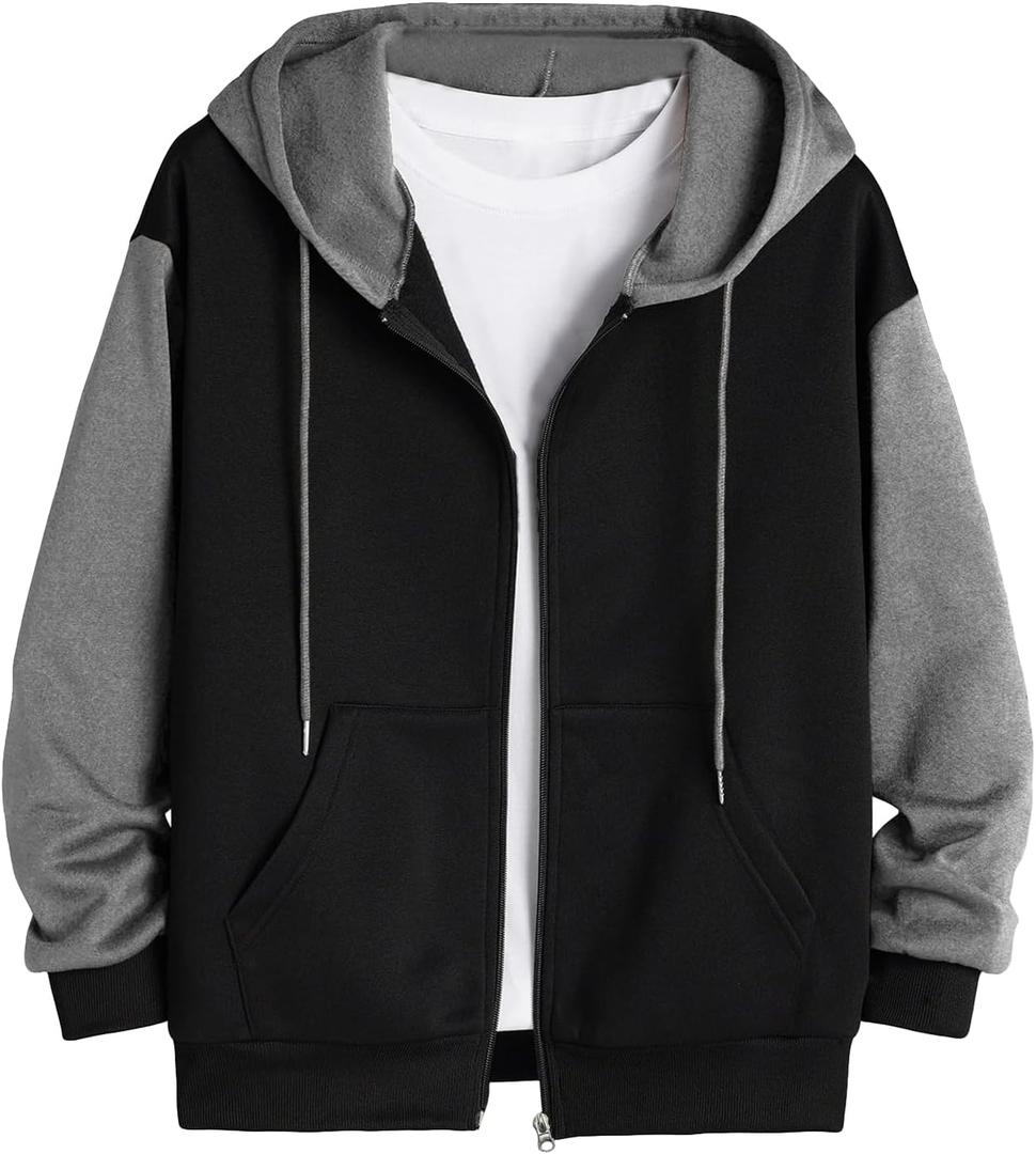GORGLITTER Men's Color Block Drawstring Zip Up Hoodie Sweatshirt Jacket Long Sleeve with Pockets (Grey)