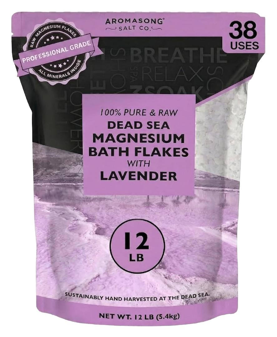 Aromasong RAW Magnesium Bath Flakes with 100% Natural Lavender, 12 Lb. Bulk Muscle Relaxing Organic Salts Mg Chloride, Mineral Soak Salt.