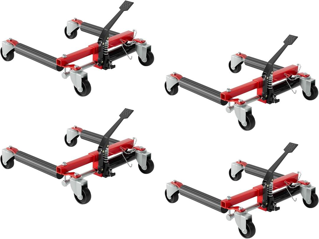 Hydraulic Car Wheel Dolly Set of 4, Heavy Duty 6,000 LBS Capacity Vehicle Dollies with Foot Pedal for Tire Auto Repair Moving, Red