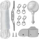 NQ Flagpole Hardware Repair Parts Kit,50 Feet Halyard Rope+3" Silver Ball+6" Zinc Alloy Cleat+4 Metal Swivel Snap Clips+Aluminum Alloy Flagpole Truck with Nylon Pulley for 1.6"-2" Flag Poles