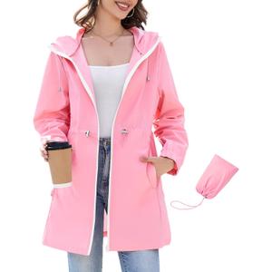 Century Star Womens Rain Jacket Waterproof with Hood, Packable Lightweight Windbreaker Long Trench Coat for Travel (Pink, S)