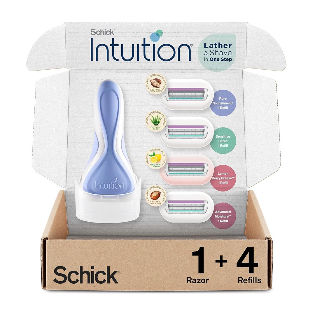 Schick Intuition Razors Variety Pack - 1 Razor Handle & 4 Blades Refill | Shaving Kit for Beginners, Gift Set, and Razor Starter Kit