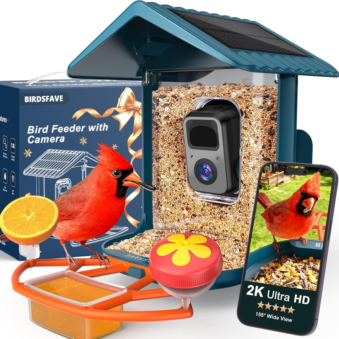 Bird Feeder with Camera Solar Powered, 2K Live Auto Capture Videos Pictures Smart Camera Bird Feeder with 32GB Card Add-ons, Arrival Alerts AI Identify, Gift for Birdlover Mom Dad, 2.4G WiFi (Blue)
