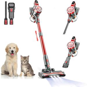 Cordless Vacuum Cleaner for Home with Powerful Suction,Lightweight Stick Vacuum Cordless Rechargeable with 35 Mins Runtime, Hardwood Floor Vacuum for Pet Hair,Carpet,Tile(Red)