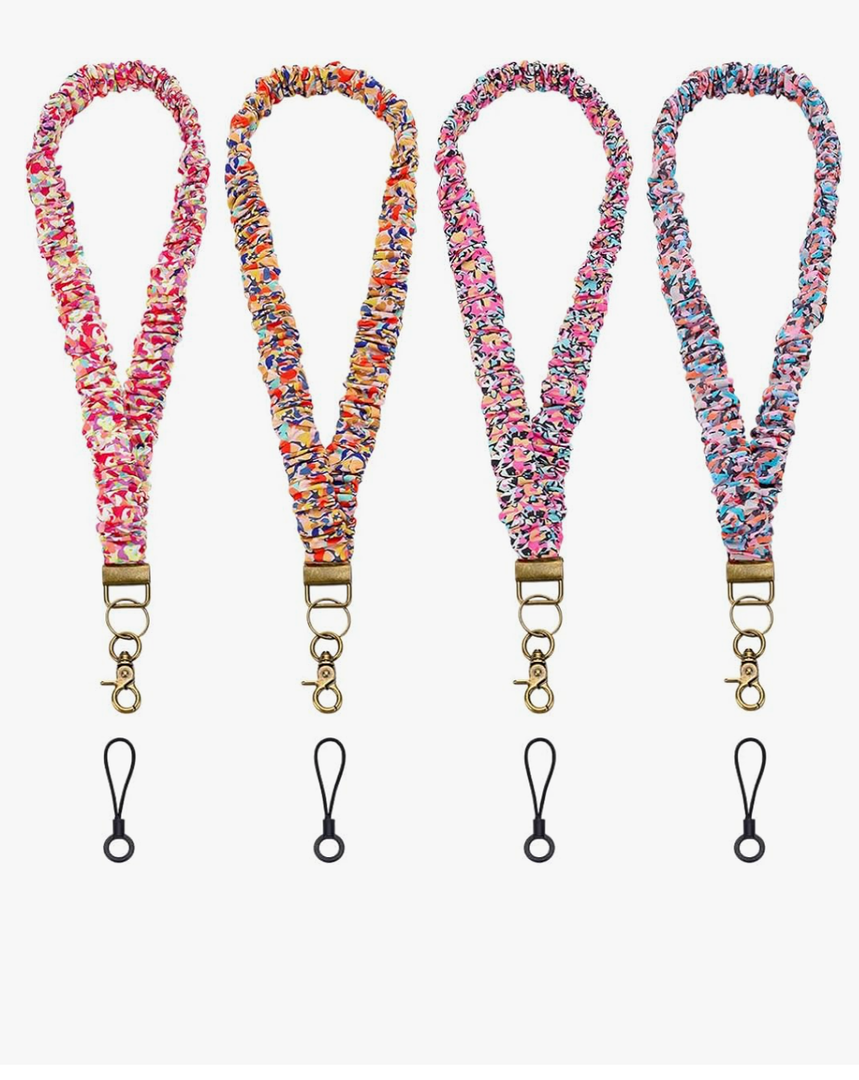 PLIGREAT 4 Pcs Stretchy Scrunchie Lanyard for ID Badges Colorful Floral Retractable Neck Keychain Holder with 4 Pcs Phone Lanyards for Women Teacher Nurse Badge Wallet Phone Wrist Strap