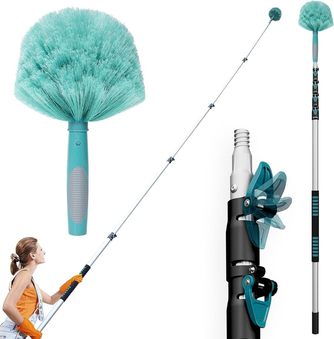 30 Feet High Reach Cobweb Duster with 6-24Ft Extension Pole, Webster Cobweb Duster with 5-Stage Telescopic Aluminum Pole, Spider Web Brush for Outdoor & Indoor Cleaning - Soft Bristles