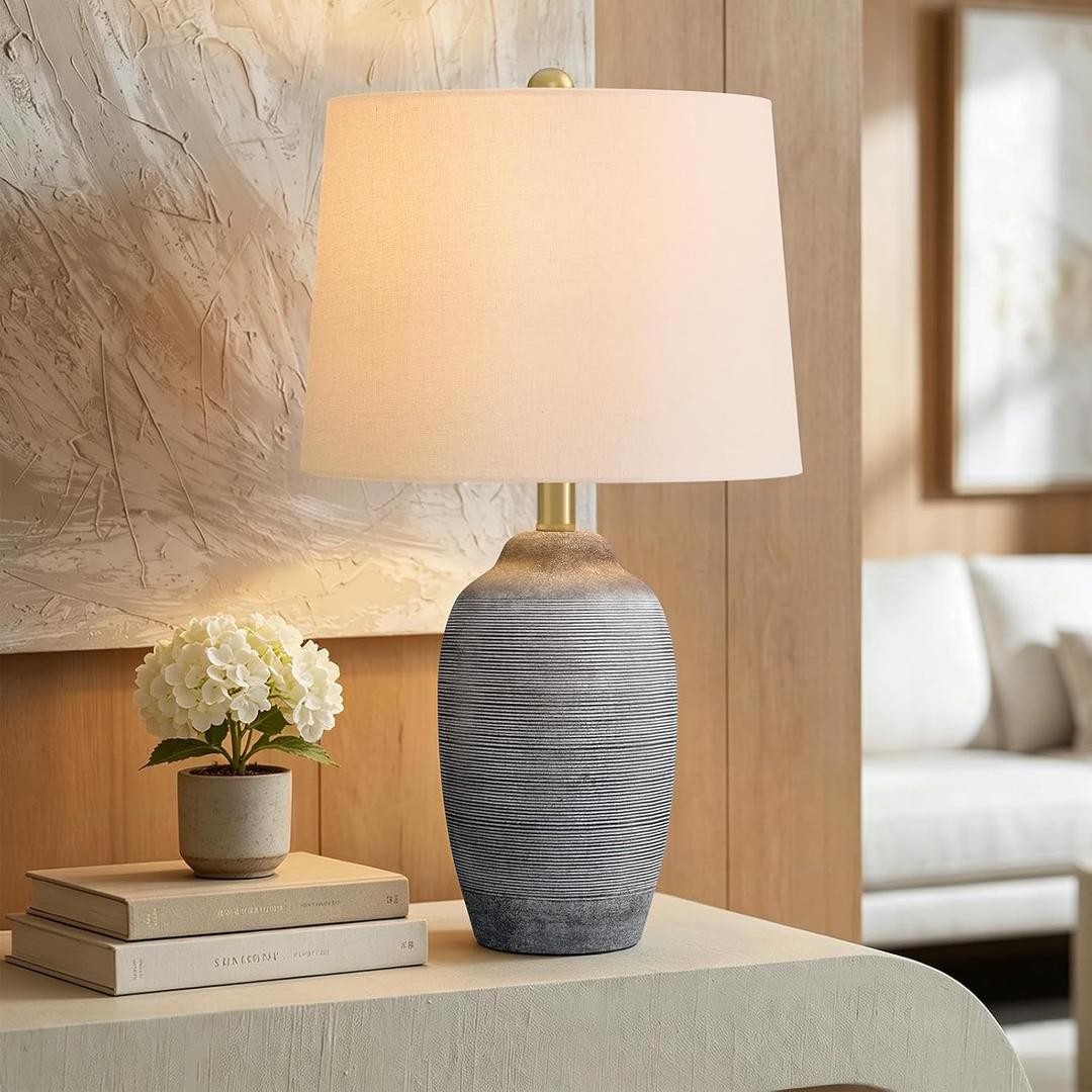 24.5" Rustic Ceramic Table Lamp with Pre-Assembled Linen Shade, Single Vintage Farmhouse Bedside Lamp for Bedroom Living Room Nightstand Entryway,Hand-Textured Retro Lamp Home Decor Gray