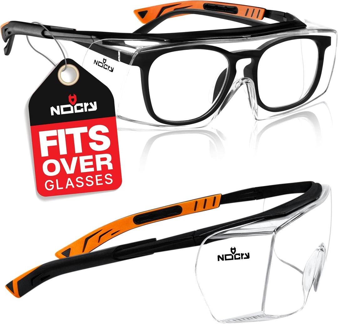 NoCry Safety Glasses Over Eyeglasses for Men and Women with Anti Scratch Lenses and Integrated Side Shields  Adjustable Temples with Anti-Slip Tips  100% UV Protective Eyewear  ANSI Z87 Certified (Black & Orange)