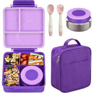 Bento Lunch Box Set for Kids with 8oz Soup Thermo, Leak-Proof Lunch Containers with 4 Compartment, Kids Thermo Hot Food Jar and Insulated Lunch Bag for Kid to School-Purple