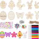 60pcs Easter Wooden Hanging Decorations, 10 Designs Unfinished Wood Bunny Ornament to Paint Egg Wood Cutout Slices Pendants & Pom Poms Stickers Cords Marker for Kids Craft DIY Easter Tree Party Favors
