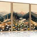 Large Boho Wildflower Framed Canvas Wall Art,Vintage Mountain Wall Decor,Nature Floral Prints,Rustic Daisy Landscape Artwork for Living Room,Bedroom,Dining Room -24"x36"x3