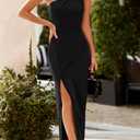 PRETTYGARDEN Women's Summer Formal Wedding Guest Dresses One Shoulder Spaghetti Strap High Slit Maxi Bodycon Dress (Black, M)