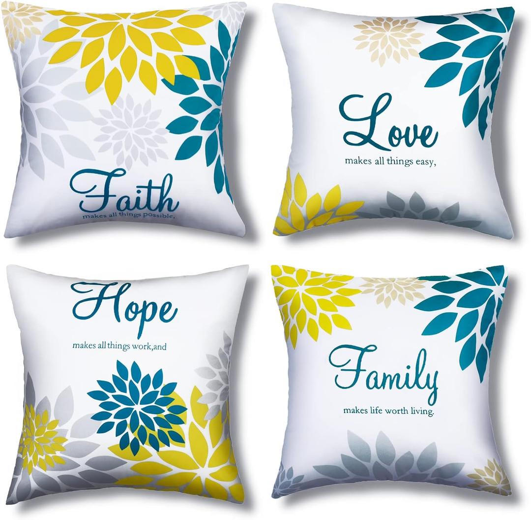 Tatuo 4 Pcs Yellow Flower Navy Pillow Covers Square Pillow Cushion Cases 18x18 Inch, Family Faith Hope Love Words Decorative Spring Summer Cushion Case for Sofa Bed(Blue Series)