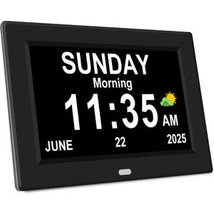7 Digital Alarm Clock for Elderly Large Display for Seniors Electric Clocks with Date Day of Week 12 Alarms 4 Colors Desk Wall Calendar Clocks for Memory Loss Alzheimers Dementia Auto DST/Dimmer (Black)