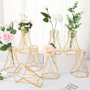 Roshtia 8 Set Gold Glass Vase for Centerpieces Metal Geometric Test Tube Vase Modern Hydroponic Flower Stand with Glass Cylinder for Flowers Plant Wedding Office Home Centerpiece (6.3 Inch)
