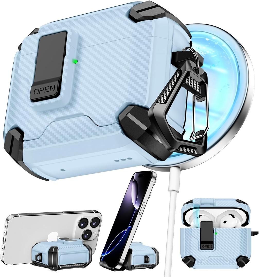 Compatible with AirPods 4th Case,Magnetic Automatic Lock with Phone Stand & Cleaning Kit,Compatible with Magsafe,Carbon Fiber Texture Cover -Light Blue