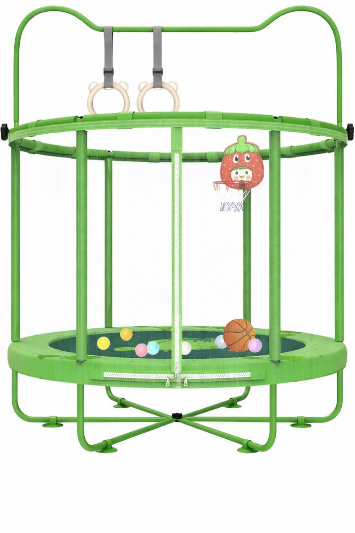Gardenature 60" Kids Trampoline Indoor, 5ft Toddler Mini Trampoline with Basketball Hoop, Gymnastics Bar, Rings, Christmas Toys Birthday Gifts for Girls Boys Age 3-8, Green