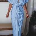 Women Elegant Satin Button Down Short Sleeve Maxi Shirt Dress with Belt (Blue, M)