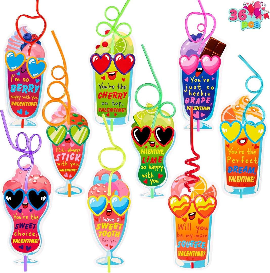 JOYIN 36 Pack Valentines Day Gift Cards with Colorful Loop Reusable Drinking Straws for Kids Valentine Party Favor, Classroom Gift Exchange, School Prizes
