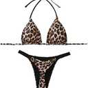 Floerns Women's 2 Piece Cheetah Print Bikini Set Halter String High Waist Thong Bathing Suits, Medium