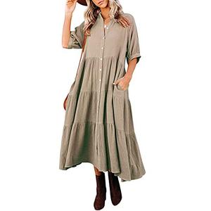 R.Vivimos Women's Summer Cotton Half Sleeves Button Down Casual Loose Slit Midi Dress with Pockets (Small, Khaki)