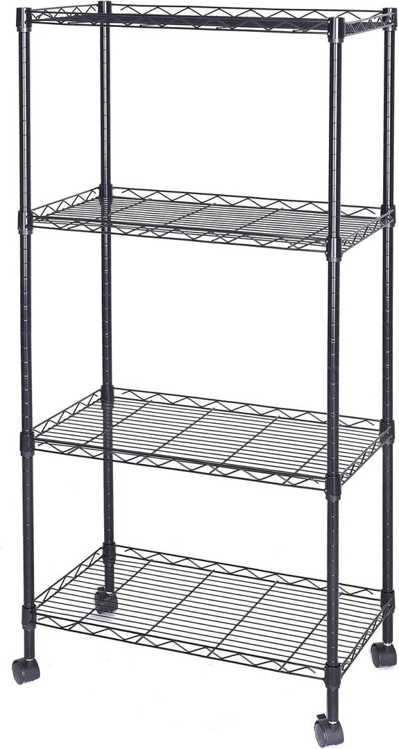 Wire Shelving Unit, 4-Tier Heavy Duty Height Adjustable Rolling Metal Shelves for Storage, 440 lbs Capacity, 23.23''W X 13.4''D X 47.24''H, Black