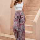 ZAFUL Women's Casual Wide Leg Elastic Waist Drawstring High Waisted Floral Print Palazzo Pant (L)
