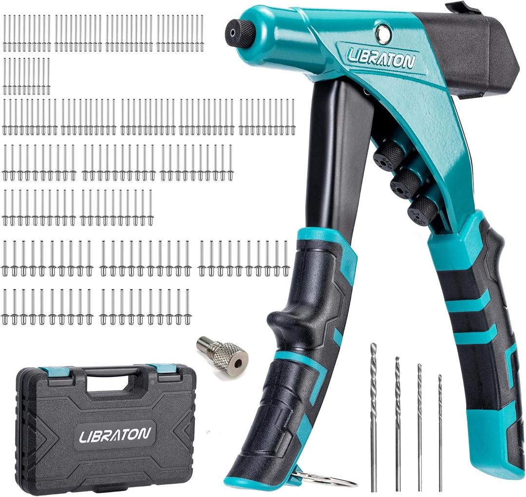 LIBRATON Professional Heavy Duty Rivet Gun, One-Handed Pop Rivet Gun Set, Robust Riveter with Shaft Container, Manual Riveting Tool, Tool-Free Interchangeable Heads, for Metal, Wood and Plastic
