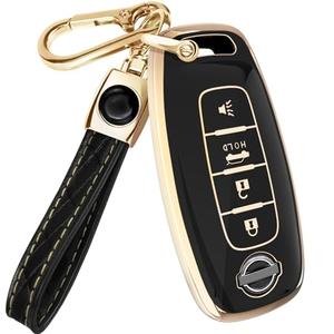 Lucrum Compatible with Nissan Key Fob Cover & Leather Keychain, 4 Buttons Keyfob Case for Pathfinder Rogue Sentra Versa Patrol Armada (2023-2025) - Black and Gold