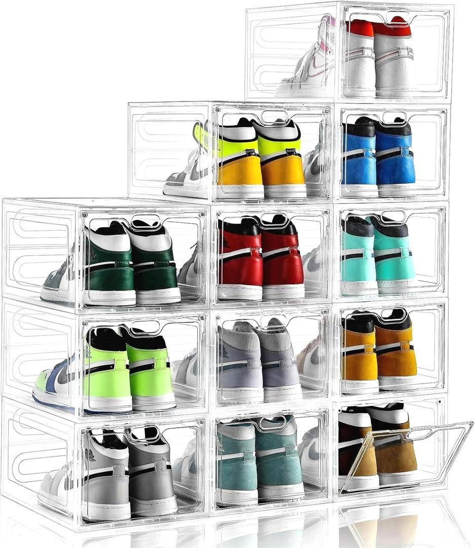 12 Pack Large Shoe Storage Box, Clear Shoe Storage Organizer with Magnetic Door, Stackable,Shoe Containers For Display Sneakers, Easy Assembly, Fit up to US Size 12, Clear