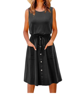 Womens V Neck Sleeveless Button Down Tank Dress Summer Casual Drawstring Elastic Waist A-Line Swing Midi Dresses Size L